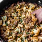 barbecue and cauliflower skillet meal with text overlay