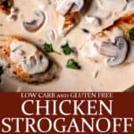 2 images of chicken stroganoff with text overlay between them