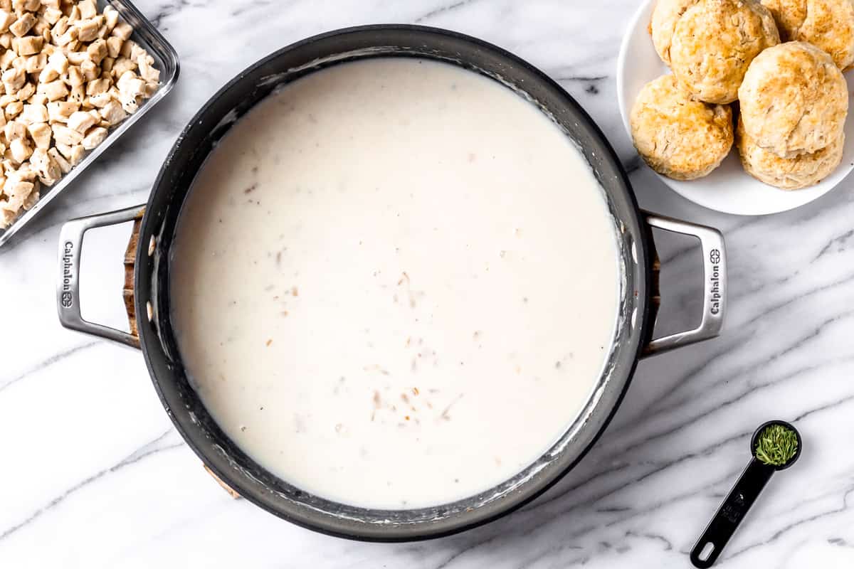 Cream sauce in a black skillet