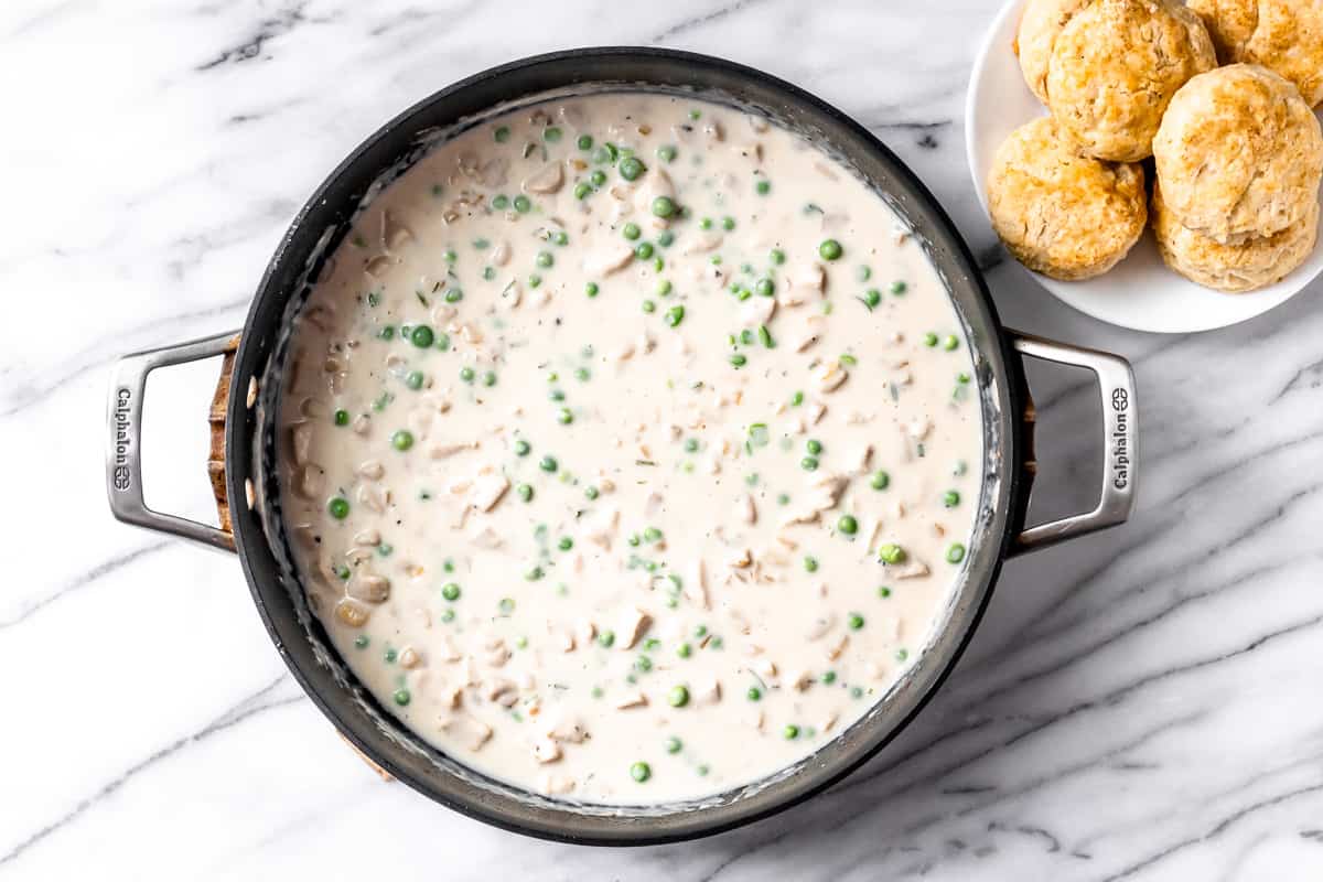 Creamed chicken in a black skillet