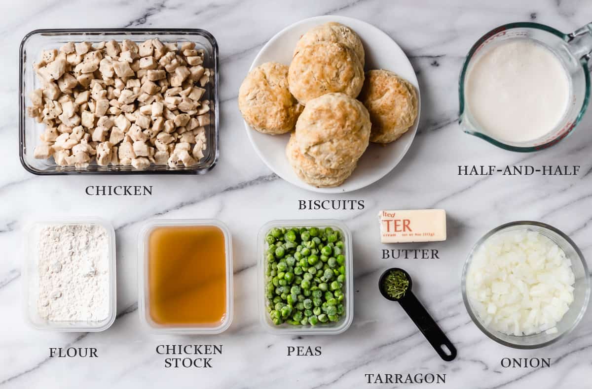 Ingredients to make Creamed Chicken over Biscuits with text overlay labels