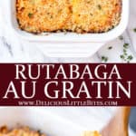 2 images of rutabaga gratin with text overlay between them