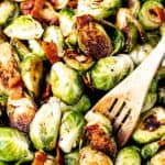 Bacon brussels sprouts with text overlay.