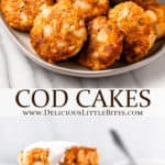 Two images of cod cakes with text overlay between them.