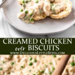 Two images of creamed chicken over biscuits with text overlay between them.