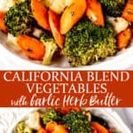 2 images of california blend vegetables with text overlay between them.