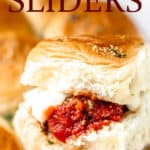 Meatball sliders with text overlay.