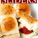 Meatball sliders with text overlay.