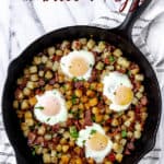 Potato hash and eggs skillet with text overlay.