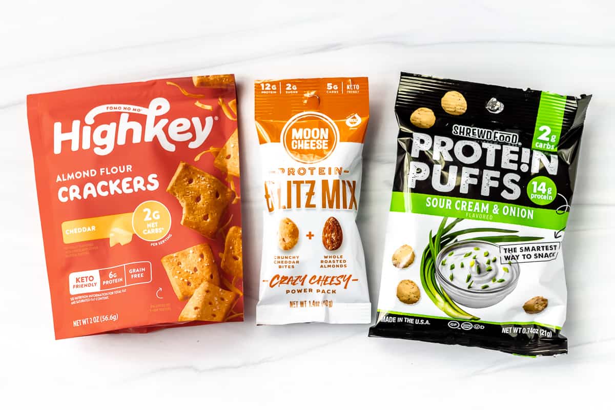 3 keto snack packages on a white background