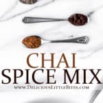 2 images of chai spice mix with text overlay between them.