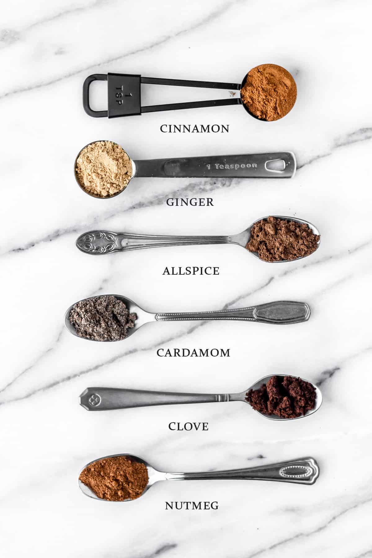 6 chai spices on spoons with text overlay.