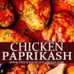 Two images of Chicken Paprikash with text overlay between them.