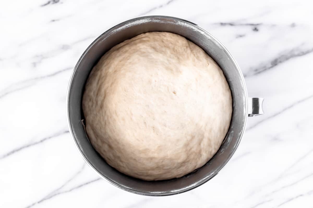 Dough that has doubled in size in a mixing bowl.