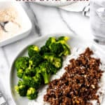 Mongolian ground beef, rice and broccoli with text overlay.