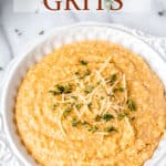 A bowl of pumpkin grits with text overlay.