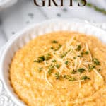 A bowl of pumpkin grits with text overlay.