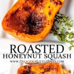 Two images of roasted honeynut squash with text overlay between them.