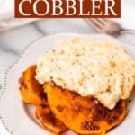 Sweet potato cobbler with text overlay.