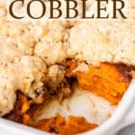 Sweet potato cobbler with text overlay.