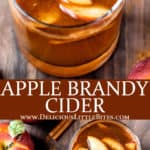 Two images of glasses of apple brandy cider with text overlay between them.