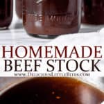Two images of homemade beef stock with text overlay.