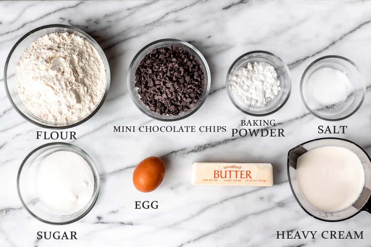 Ingredients needed to make chocolate chip scones with text overlay.