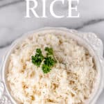 Garlic rice in a bowl with text overlay.