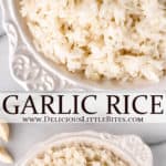 Two images of garlic rice with text overlay between them.
