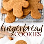 Two images of Gingerbread man cookies with text overlay between them.