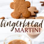 Two images of gingerbread cocktails and cookies with text overlay between them.