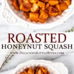 Two images of roasted honeynut squash in a bowl with text overlay between them.