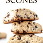 Chocolate chip scones with text overlay.