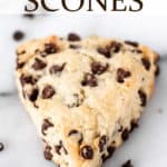 Chocolate chip scones with text overlay.
