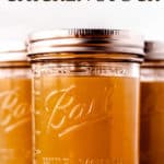 Homemade chicken stock in jars with text overlay.