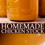 Two images of homemade chicken stock in jars with text overlay between them.