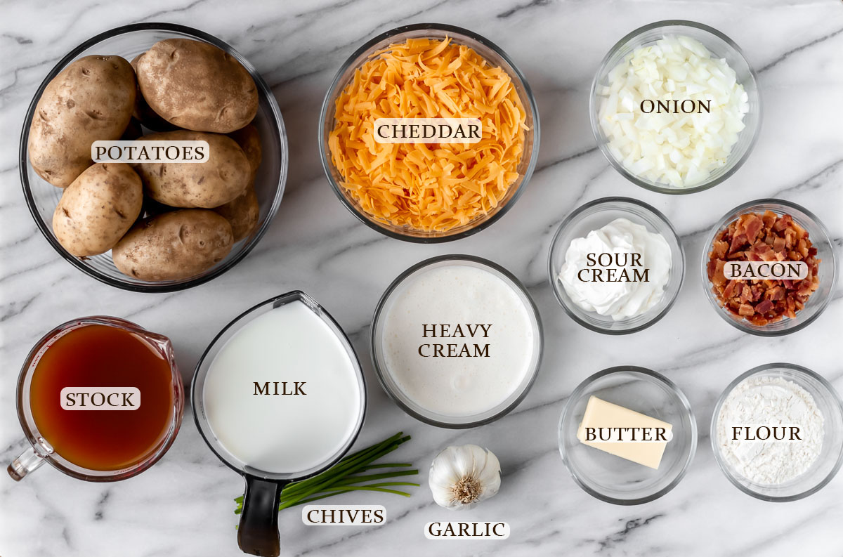 Ingredients needed to make loaded potato soup with text overlay.