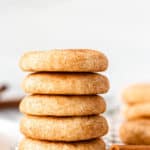 A stack of 5 snickerdoodle cookies with text overlay.