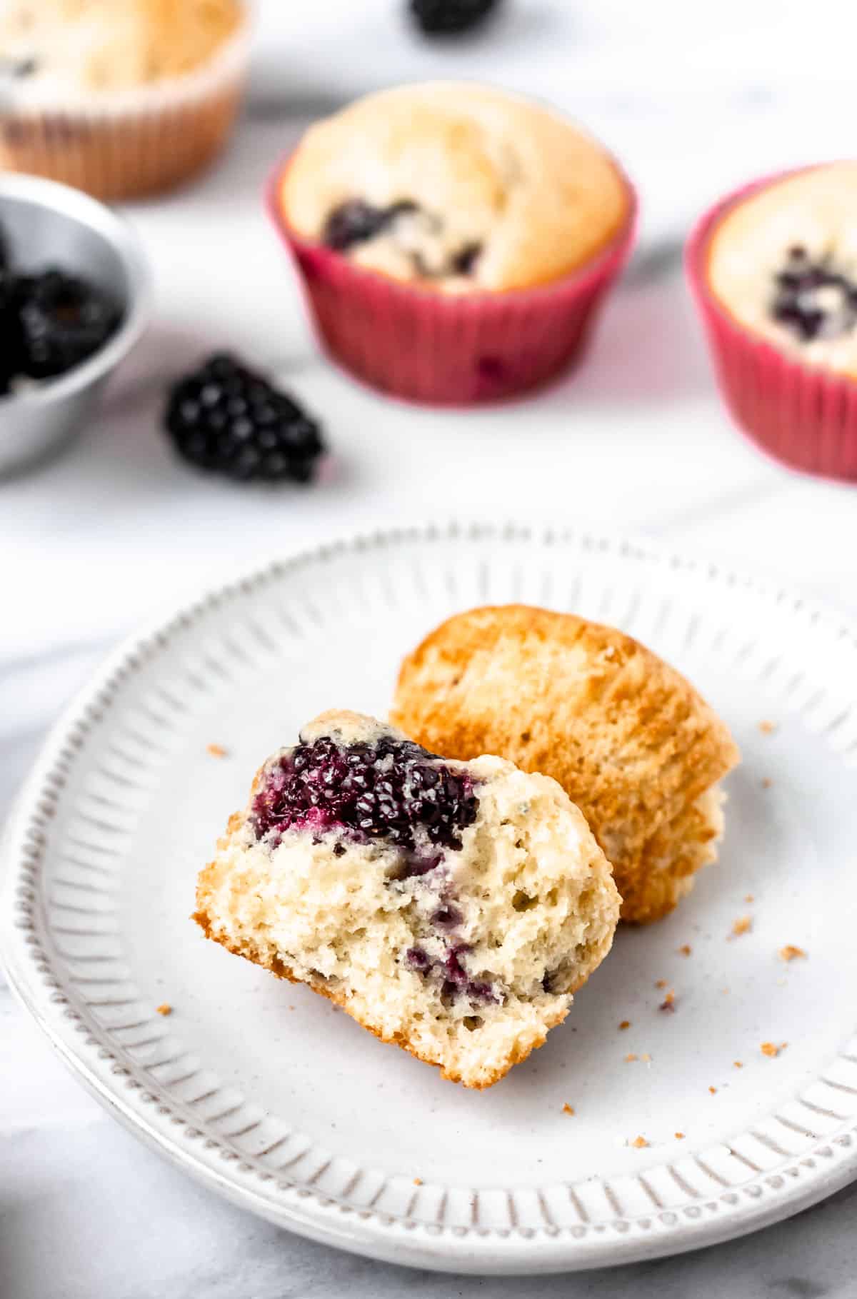 A blackberry muffin broke in half on a white plate with extra muffins and blackberries in the background.