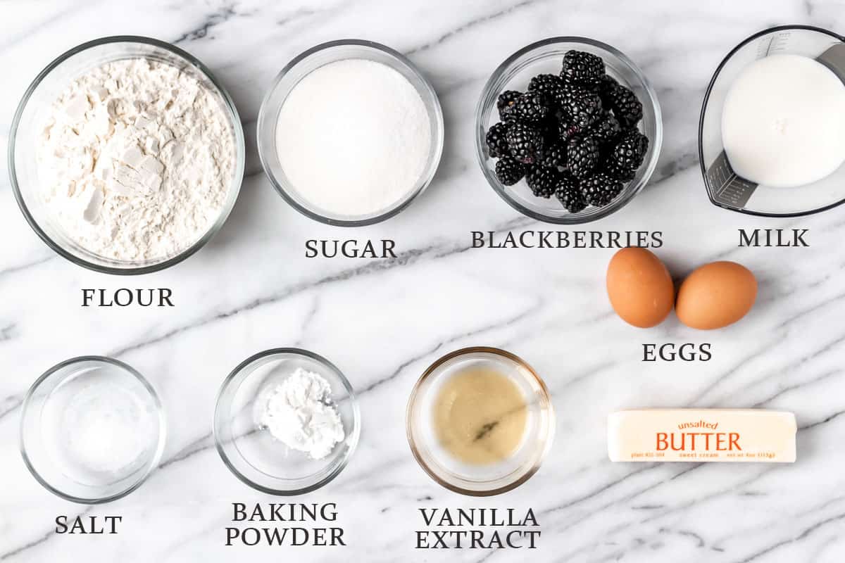 Ingredients to make blackberry muffins with text overlay.