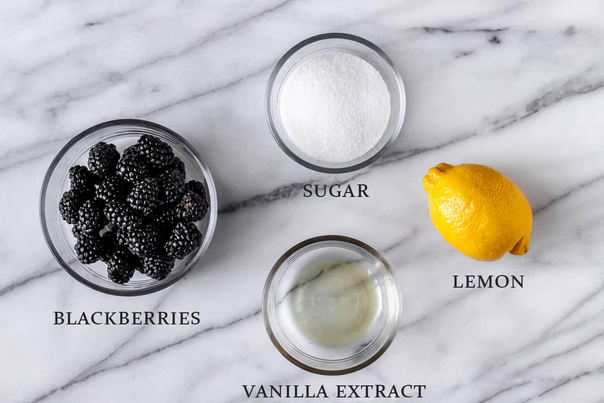 Ingredients needed to make blackberry syrup on a marble background with text overlay.