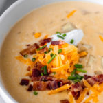 Loaded Potato Soup in a white bowl with text overlay.