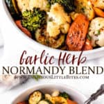 Two images of Normandy blend vegetables with text overlay between them.