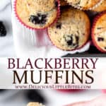 Two images of Blackberry Muffins with text overlay between them.