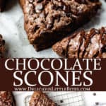 Two images of chocolate scones with text overlay between them.