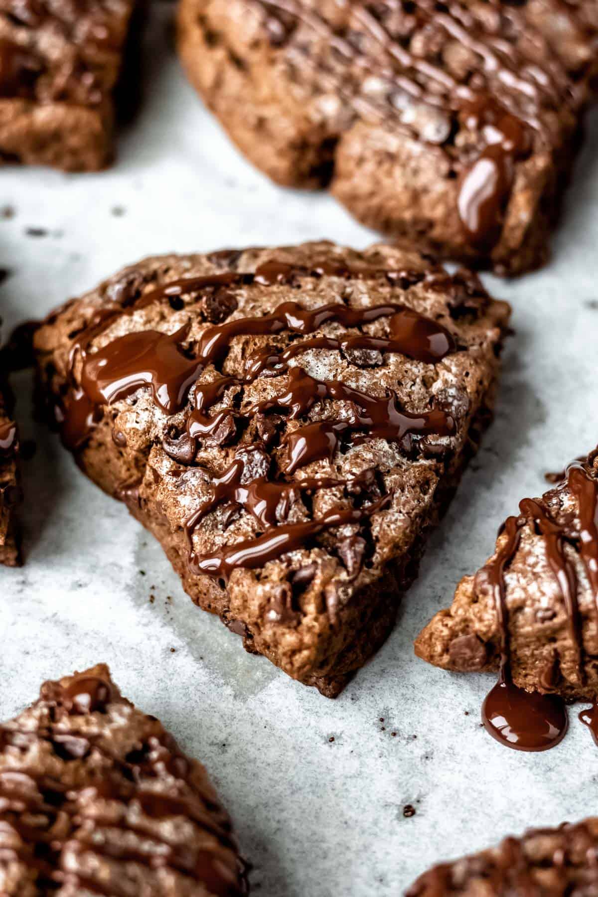 Chocolate scones on parchment paper.