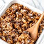 French toast casserole with text overlay.