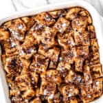 French toast casserole with text overlay.