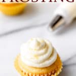 Lemon cupcakes with lemon buttercream frosting and text overlay.