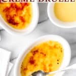 Creme brulee with text overlay.
